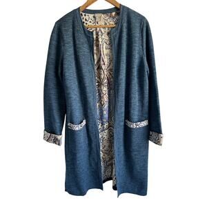 Chico's Women’s Medium Paisley Leopard-Print Detail Open Front Long Cardigan